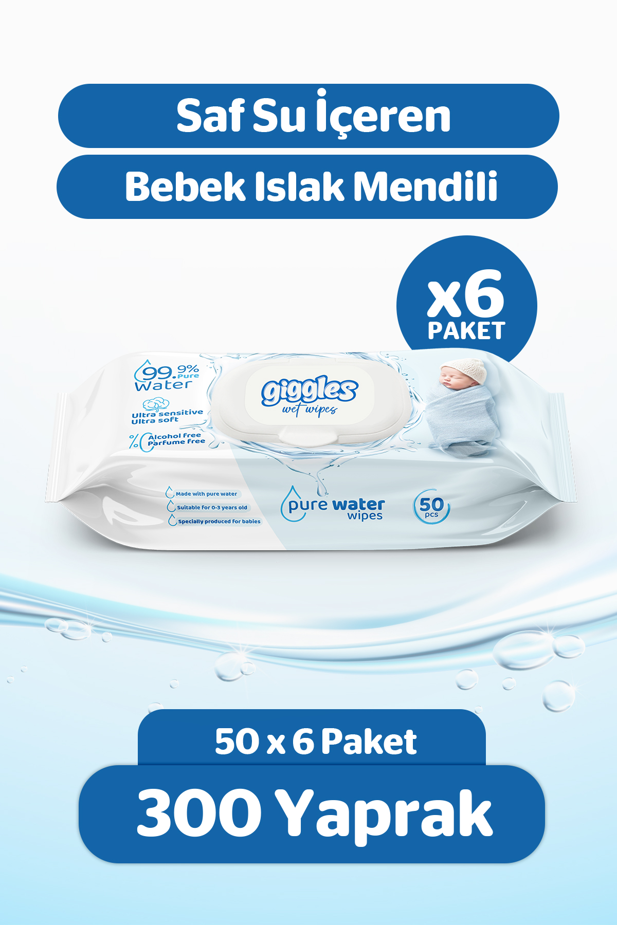 Giggles Pure Water Bebek Islak Havlusu %99 Saf Su Mendil 6 paket 300 Adet