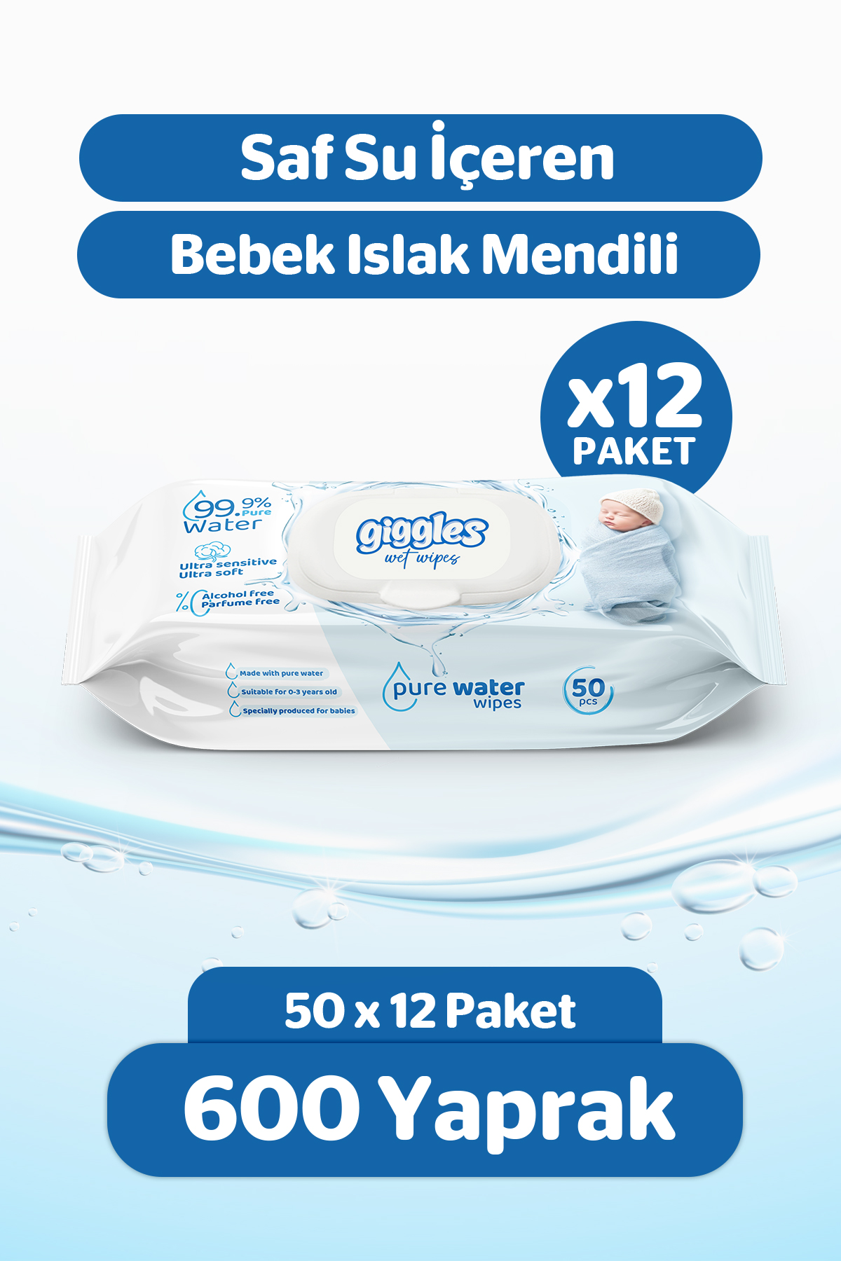 Giggles Pure Water Bebek Islak Havlusu %99 Saf Su Mendil  12 paket 600 Adet