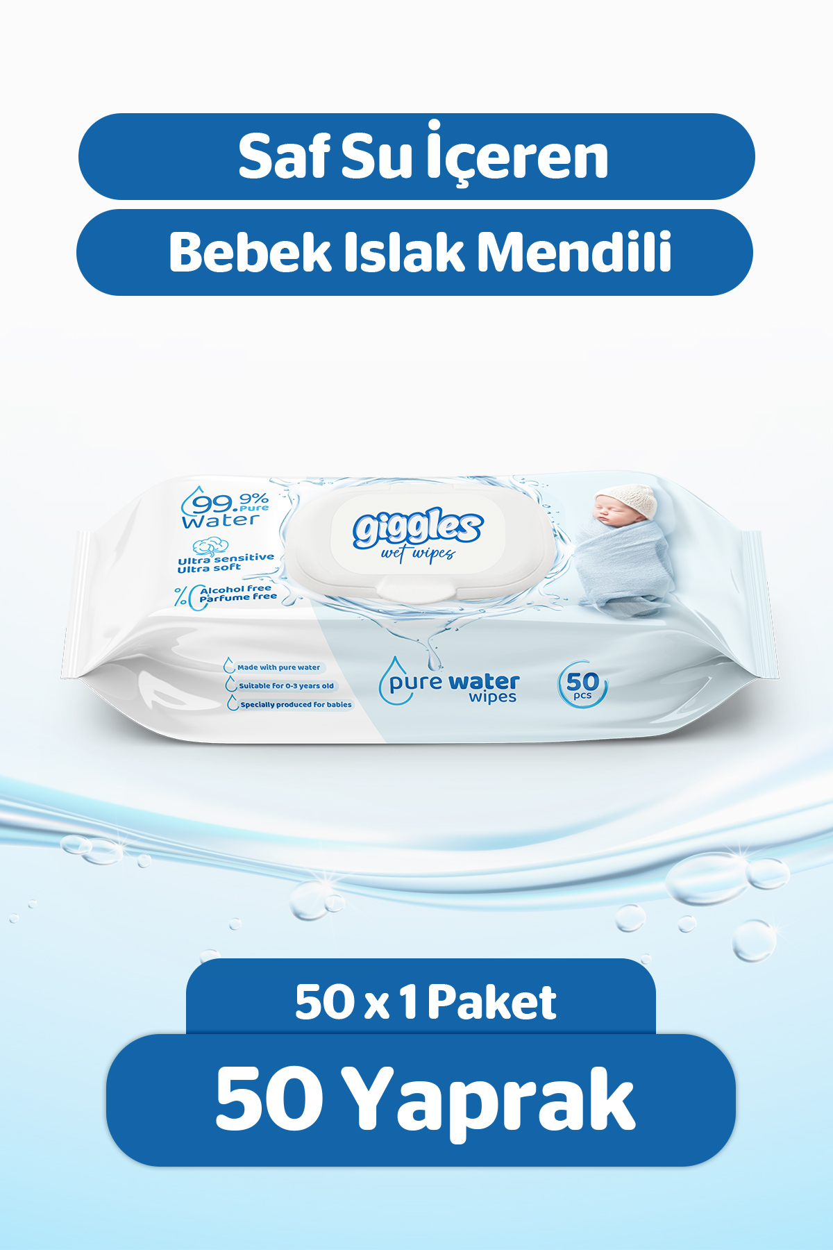 Giggles Pure Water Bebek Islak Havlusu %99 Saf Su Mendil 1 paket 50 Adet
