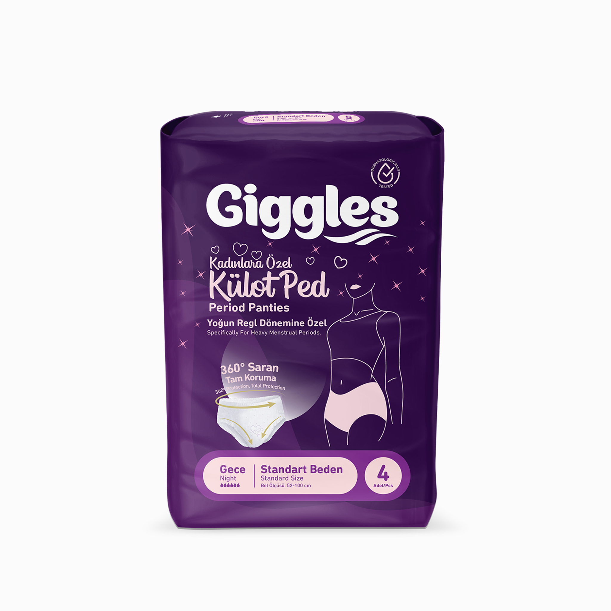 Giggles Külot Ped (Regl Gece Külodu) Bel Ölçüsü 52-100 cm Standart Beden 3 Paket 12 Adet