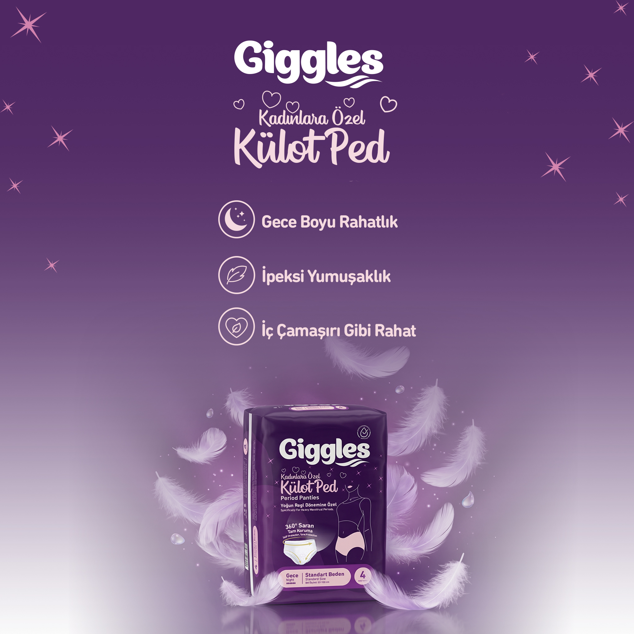Giggles Külot Ped (Regl Gece Külodu) Bel Ölçüsü 52-100 cm Standart Beden 3 Paket 12 Adet
