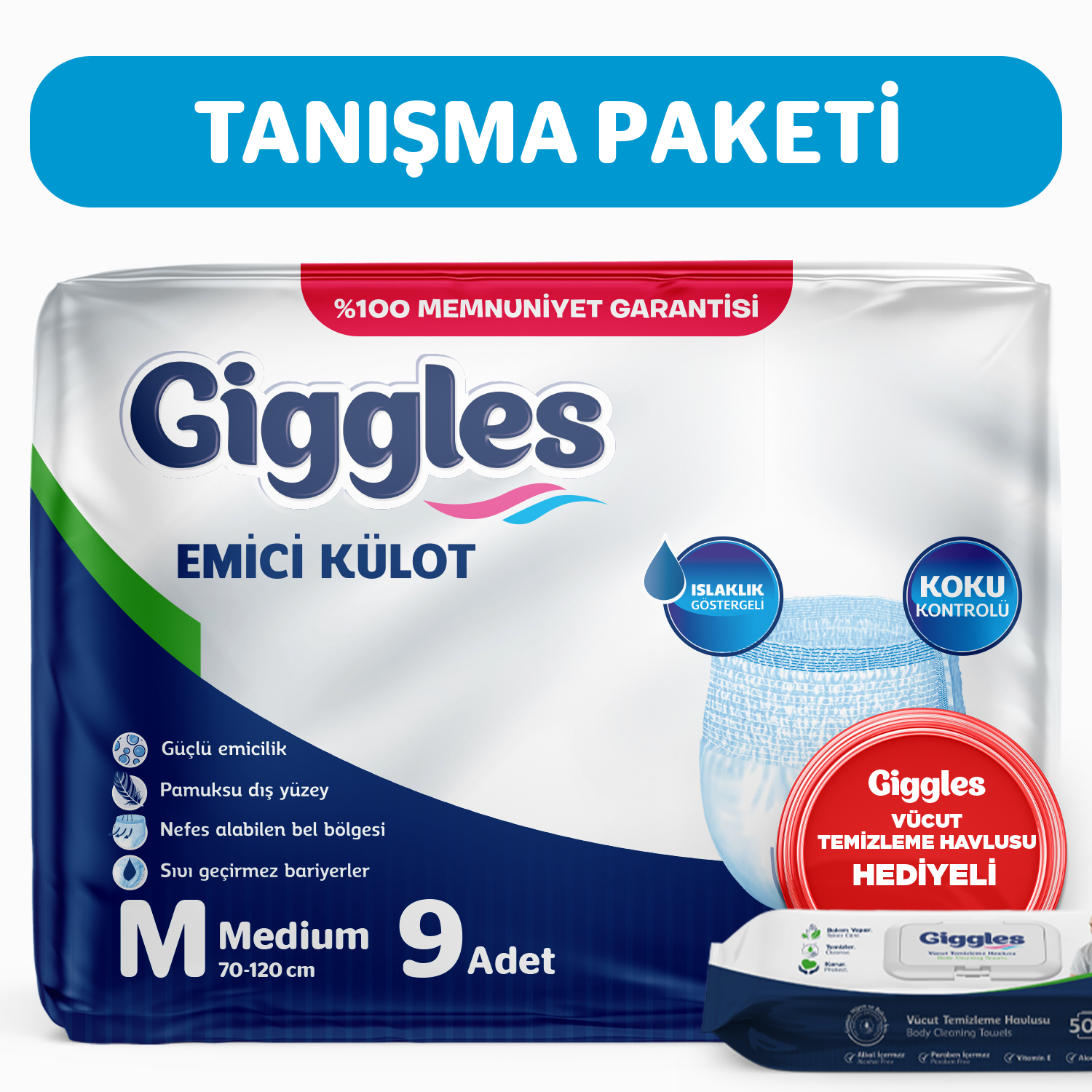 Giggles Yetişkin Emici Külot Medium 9'lu 1 Paket 9 Adet- Giggles Vücut Temizleme Mendili Hediye'li