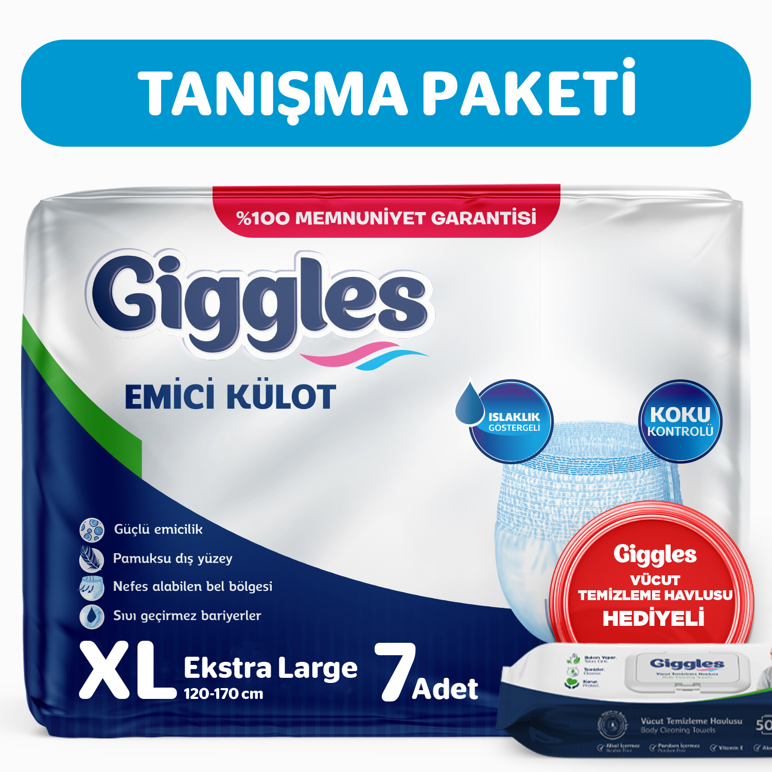 Giggles Yetişkin Emici Külot  ExtraLarge 1 Paket (7 Adet) - Giggles Vücut Temizleme Mendili Hediye'li