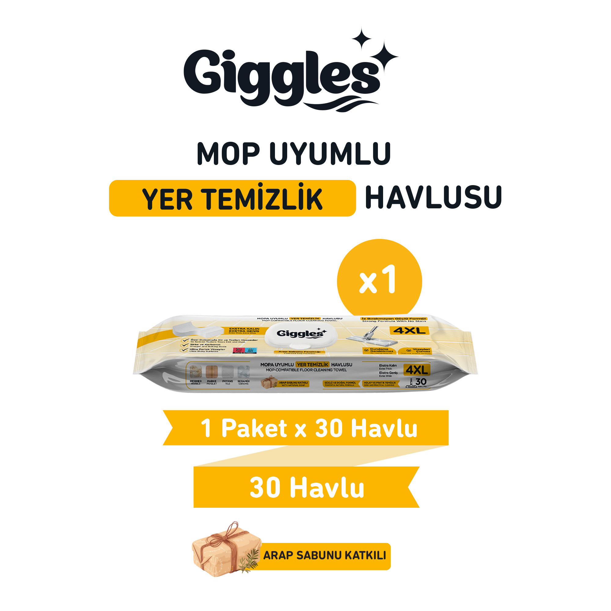 Giggles Mopa Uyumlu Yer Temizlik Havlusu 8 Katlı 4XL Arap Sabunu Katkılı 1 Paket 30 Adet Havlu